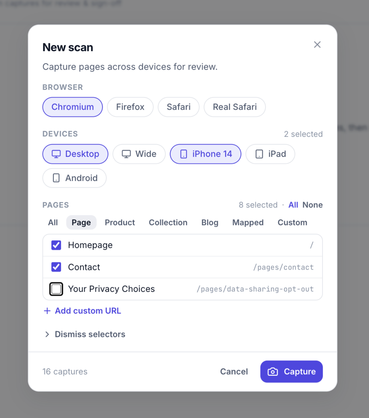 The ThemeSync New scan dialog: Chromium selected as the browser, Desktop and iPhone 14 selected as devices, 8 pages selected, and a Capture button showing 16 captures.