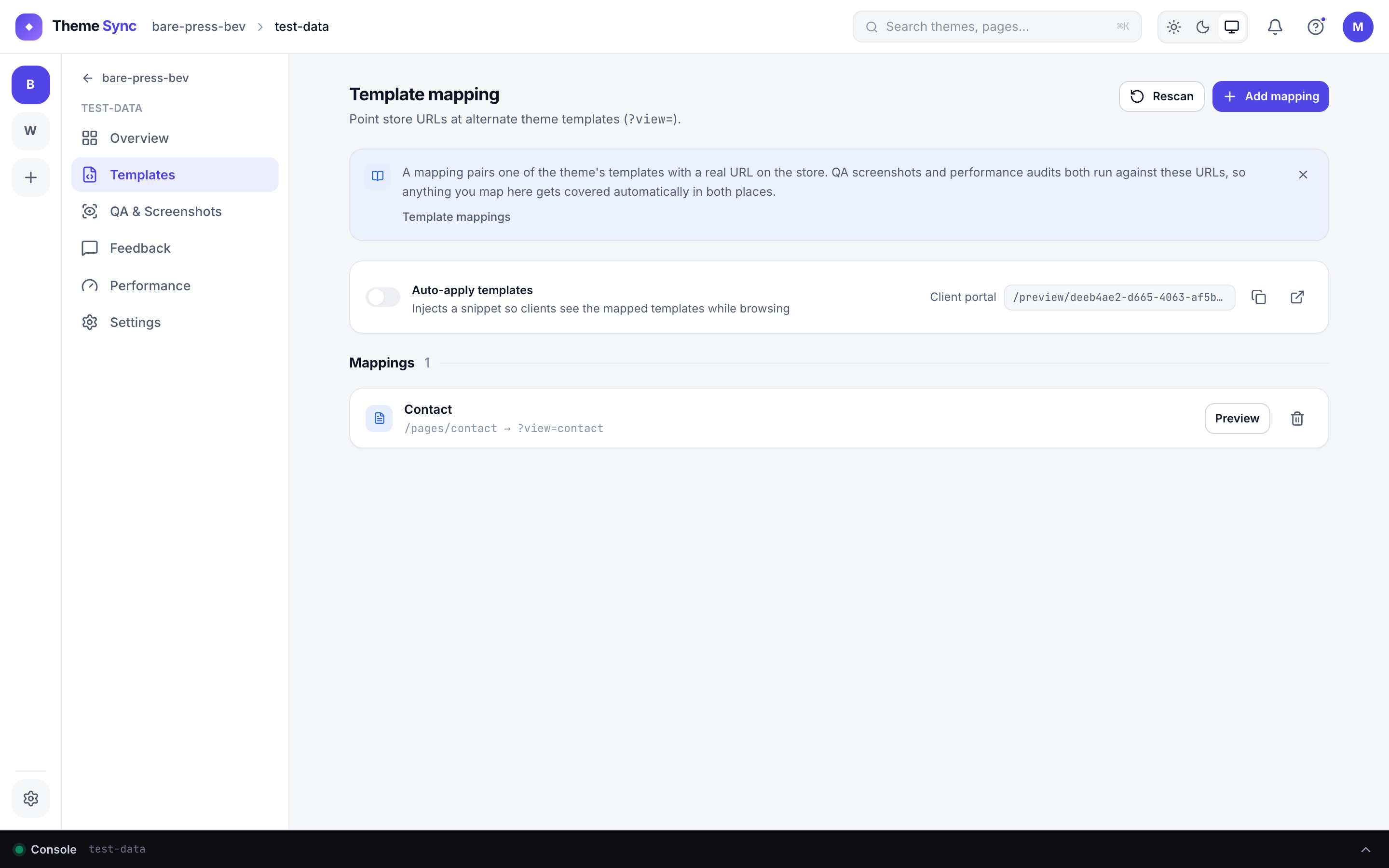 The Template mapping tab: the Auto-apply templates switch, the client portal link, and a mapping from /pages/contact to ?view=contact.