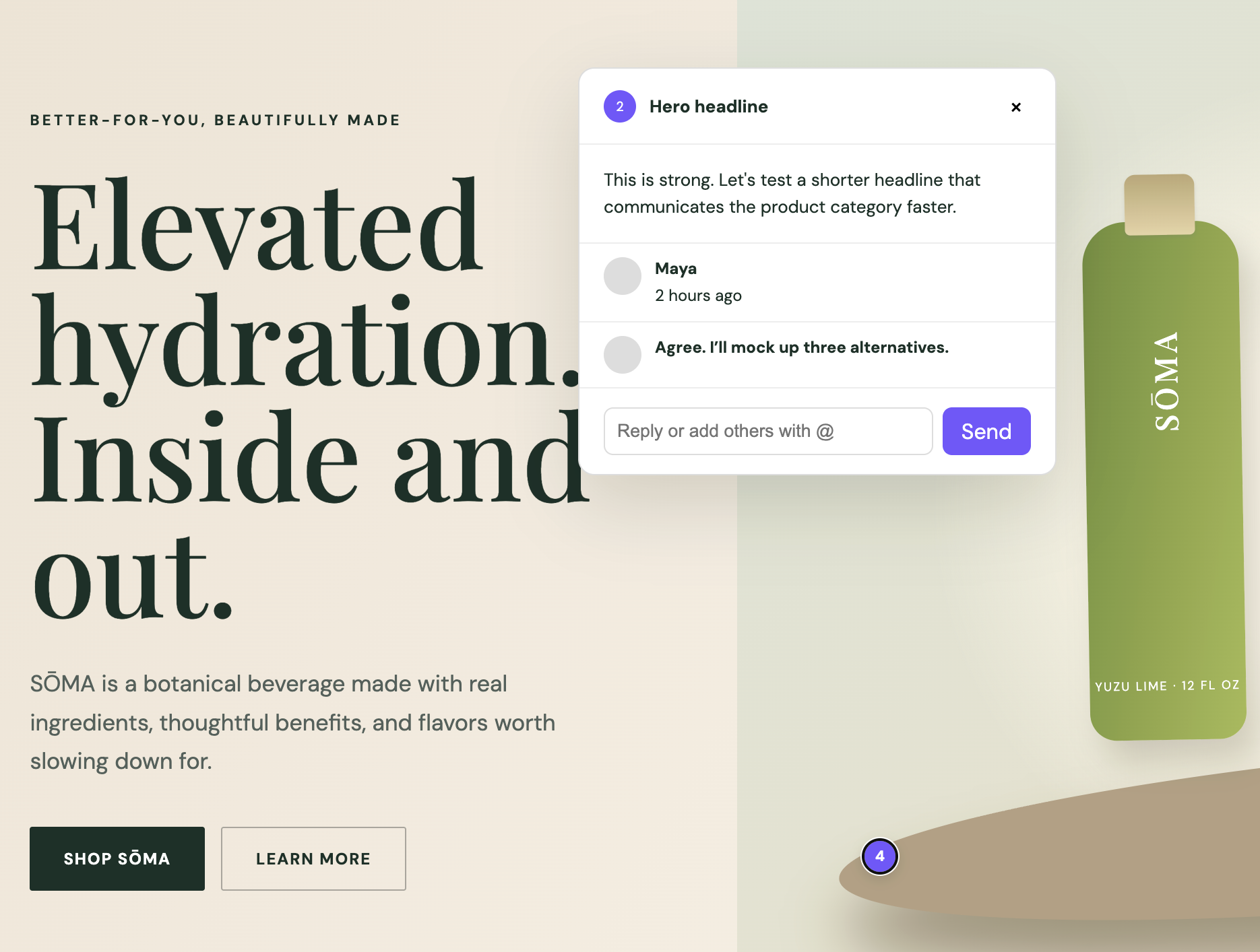 A demo storefront with a ThemeSync comment pinned to the hero headline. The thread shows a note asking to test a shorter headline and a reply offering three alternatives.