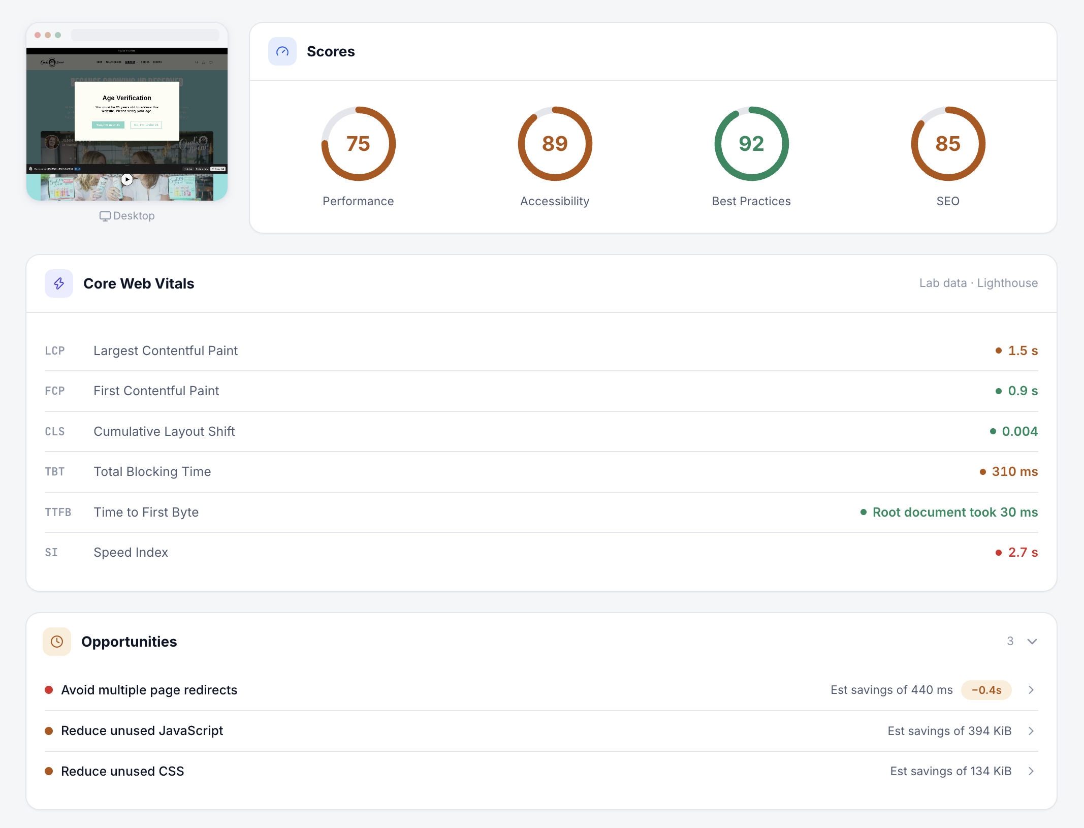 Performance results in ThemeSync: scores for Performance, Accessibility, Best Practices and SEO, plus Core Web Vitals.