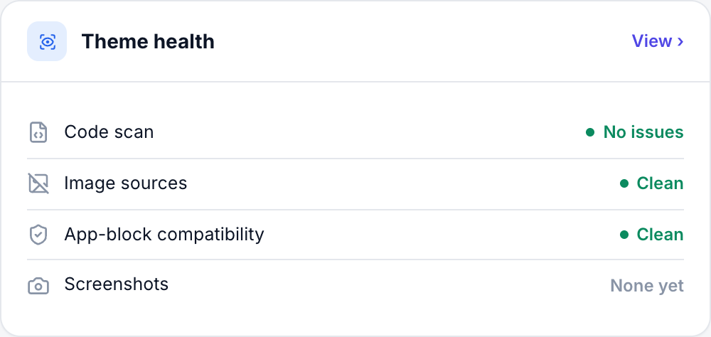 ThemeSync Theme health card: Code scan shows No issues, Image sources Clean, App-block compatibility Clean, Screenshots None yet.