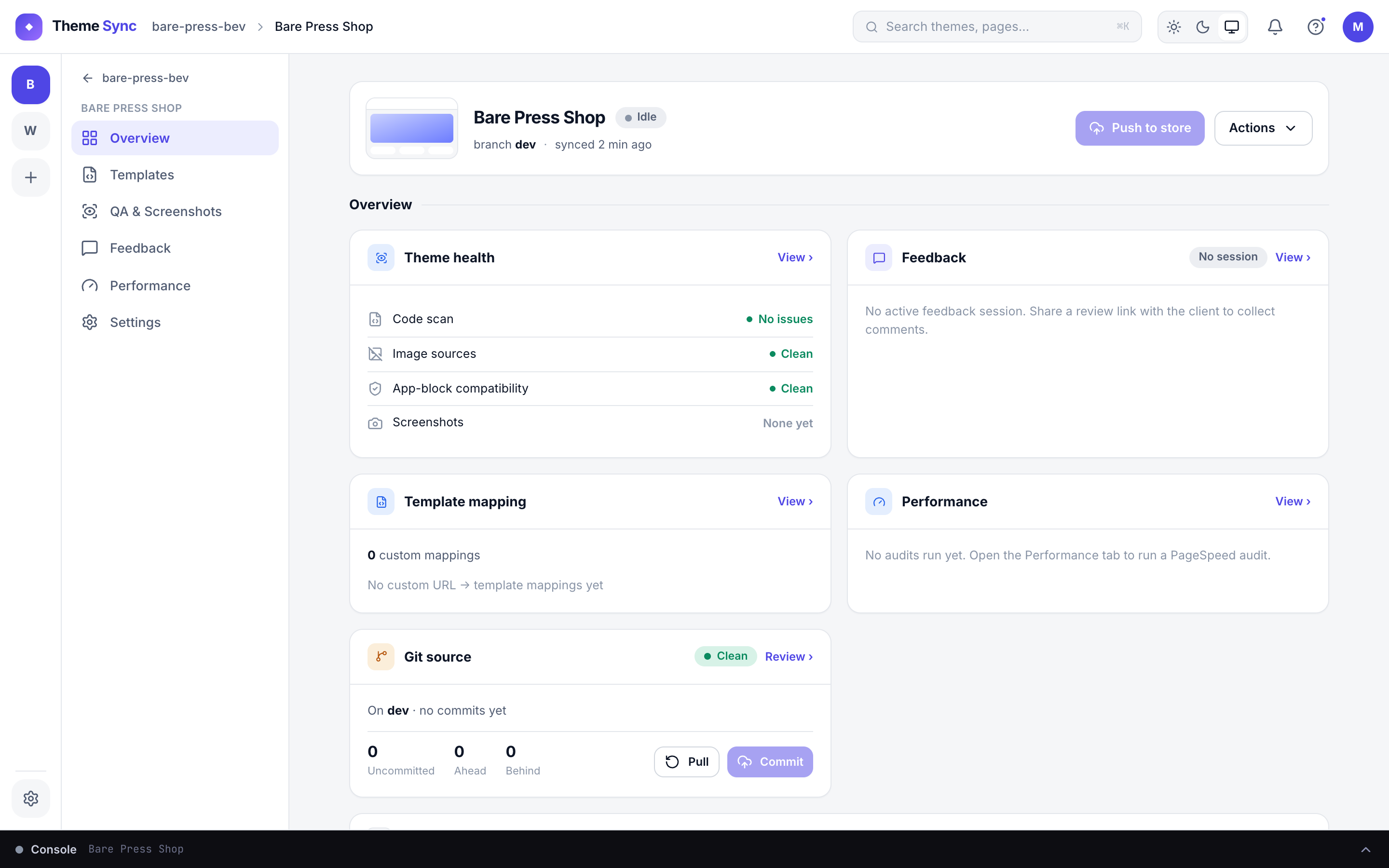 A development theme Overview tab with cards for Theme health, Feedback, Template mapping, Performance and Git source.